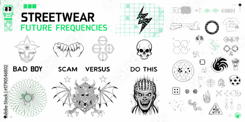 Streetwear future frequencies graphic design elements and icons for apparel and branding