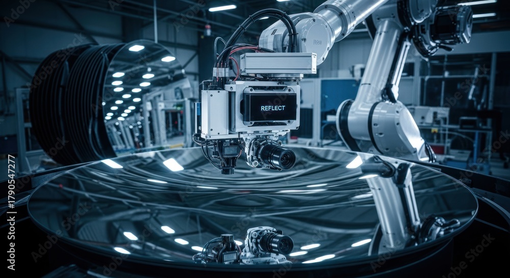 Fototapeta premium Industrial robotic arm with camera inspecting large curved reflective surface, for quality control, precision manufacturing, advanced technology, automated inspection processes in modern