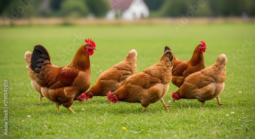 Fototapeta Naklejka Na Ścianę i Meble -  Rural farm scene with roaming chickens on green meadow capturing countryside life and agriculture