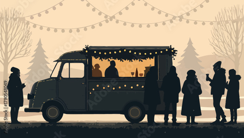 People gather around a food truck decorated with lights in a winter scene with trees and snow ambience