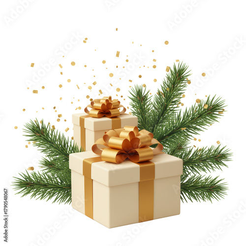 Festive gift presentation with pine branches and falling confetti for joyous occasion