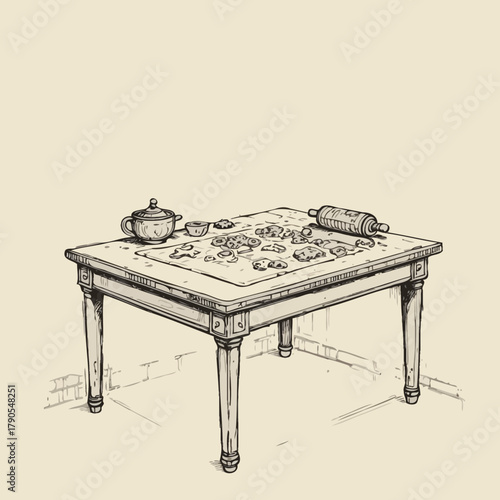 Baking table with cookies and rolling pin, homey and festive, on a light background.