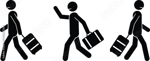 Illustration of stick figures with luggage isolated on white background, travel and vacation