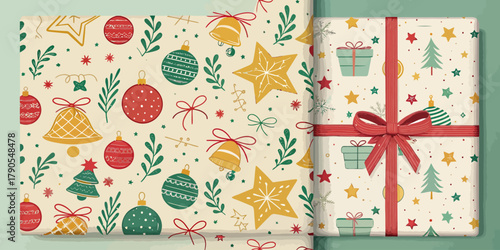 Vector illustration of christmas  festive wrapping paper roll and wrapped gift with christmas theme