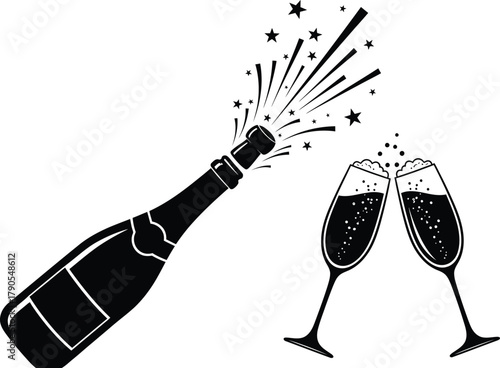 Illustration of champagne bottle popping with two glasses toasting isolated on white background
