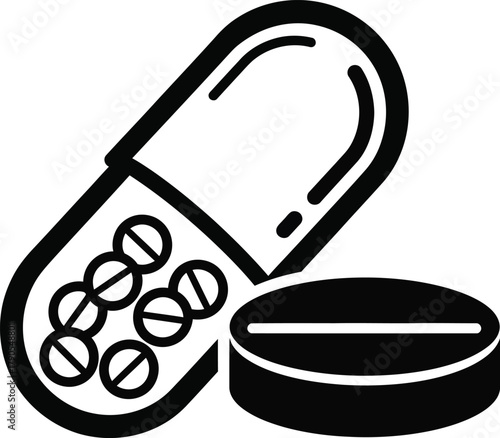 Illustration of pill and capsule isolated on white background, medicine and health concept