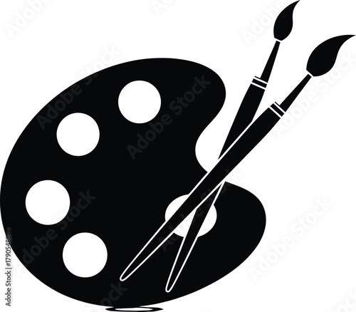 Illustration of black and white illustration of an artists palette with paintbrushes