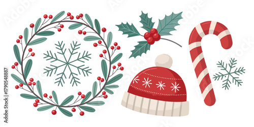 Vector illustration of christmas  christmas wreath with berries and snowflake with candy cane and hat