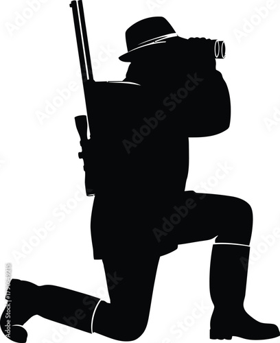 Illustration of silhouette of a hunter kneeling and looking through binoculars isolated on white background