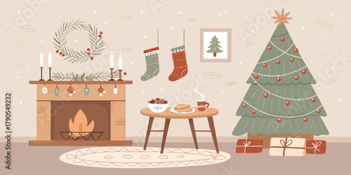 Vector illustration of christmas  illustration of a cozy christmas living room with tree and fireplace