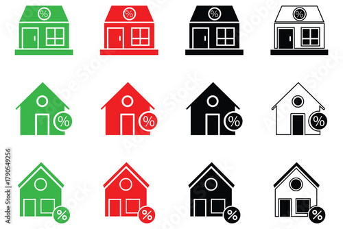 Collation of mortgage rate icon set. Contains as housing, building, property, apartment, mortgage, rental, tenant and more. Mortgage icons in different color set on white background black silhouette. 
