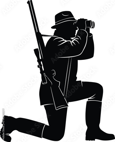 Illustration of silhouette of a hunter kneeling and looking through binoculars isolated on white background