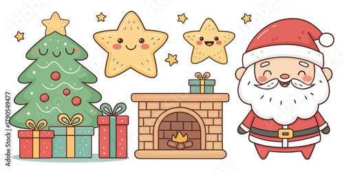 Vector illustration of christmas  cartoon christmas scene with santa claus tree stars and fireplace