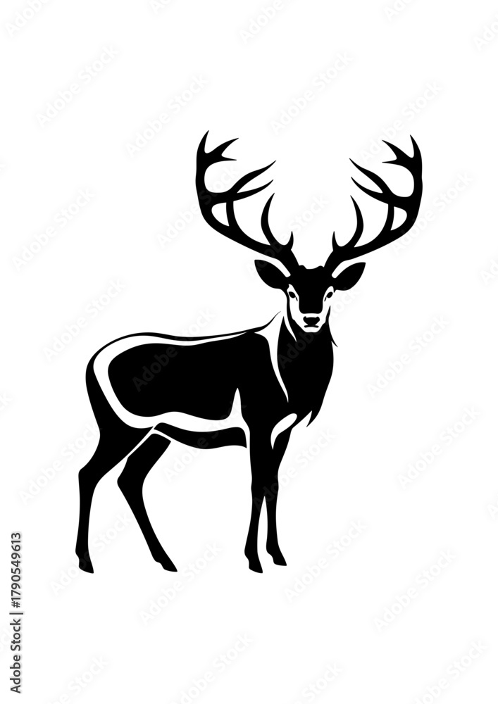 Obraz premium Black silhouette of a deer standing with antlers on white background 