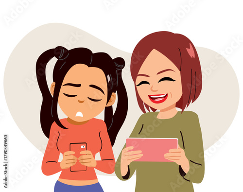 Cartoon vector illustration showing a sad teenager girl and her mother talking about social media and smartphone addiction. Drawing for psychology and parenting education