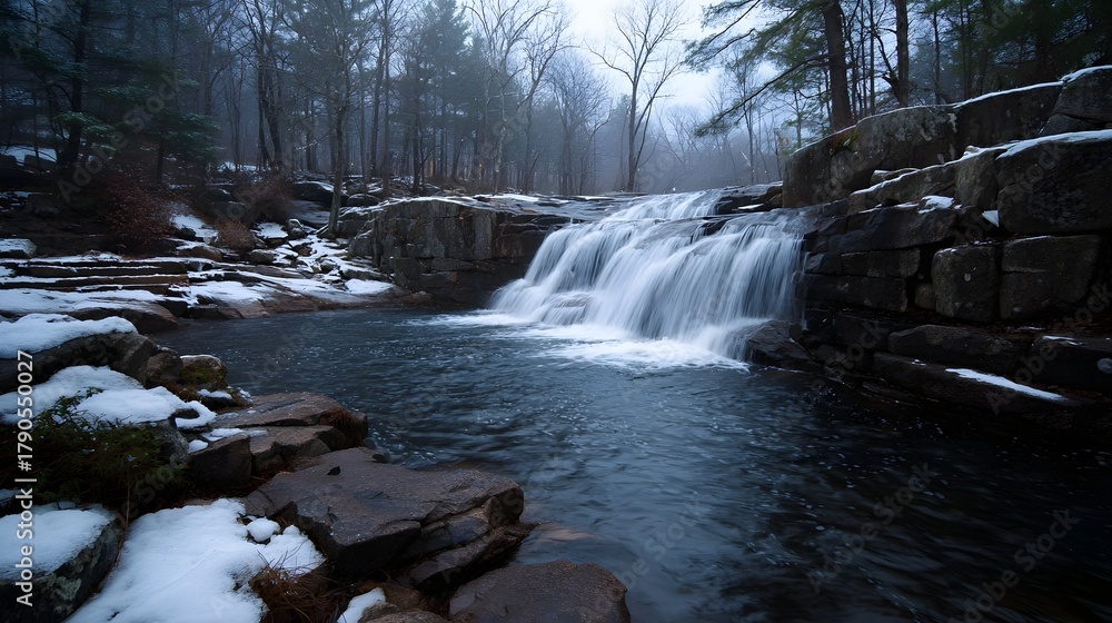 Fototapeta premium Cascading winter waterfall flows over rugged rocks in a snow dusted forest creating a serene and misty natural landscape