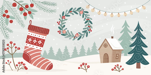 Vector illustration of christmas  festive christmas scene with stocking wreath and snowy landscape