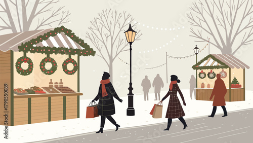 People shopping at christmas market with decorated stalls and lamp posts on a snowy winter day scene