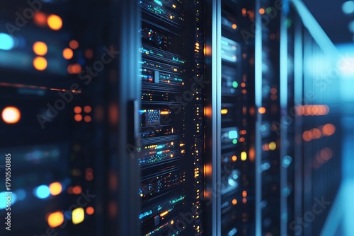 Futuristic AI data center with glowing orange and blue lights on metallic server racks representing advanced IT cloud computing infrastructure for digital technology backgrounds
