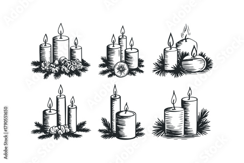 Set of six Christmas candle arrangements with festive foliage