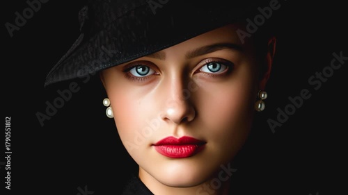 Wallpaper Mural Sophisticated Beauty in Silhouette: A captivating portrait of a woman, framed against a dark backdrop, exuding elegance with her radiant eyes, stylish hat, and classic pearls. Torontodigital.ca