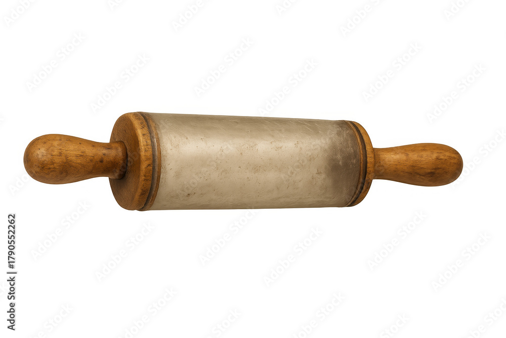 Obraz premium Vintage ceramic rolling pin with wooden handles, kitchen baking utensil for dough preparation, isolated on transparent