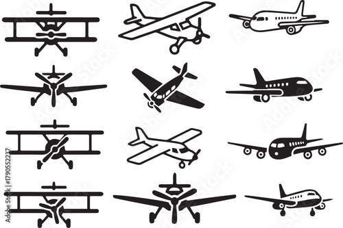 Collection of airplane illustrations in various styles and perspectives