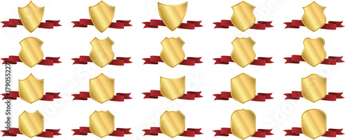 Design of golden shields with red ribbons for awards and honors display. This vector illustration collection perfect for luxury branding, premium quali