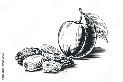 Line art drawing of plums and dried plums