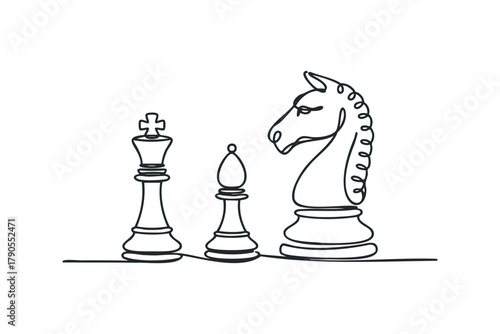 Chess pieces king bishop and knight continuous line drawing