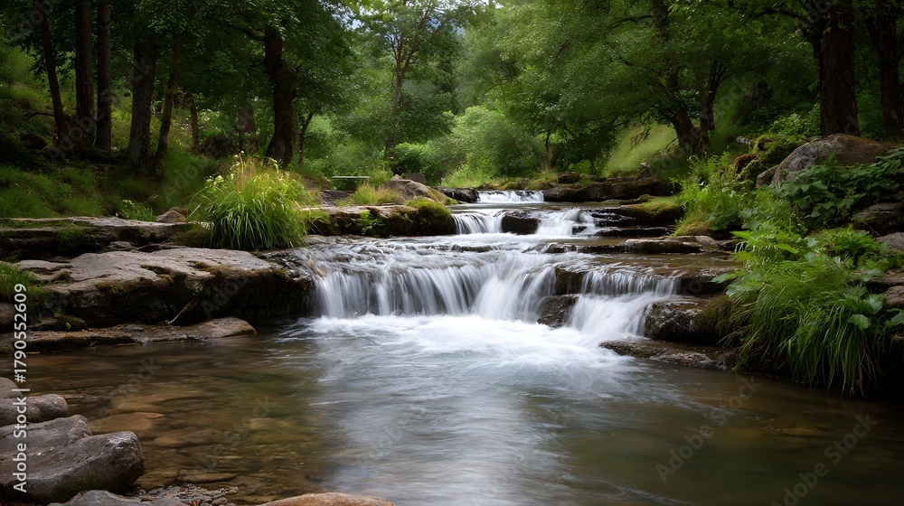 Fototapeta premium Serene forest stream with cascading waterfalls over mossy rocks in lush green woodland