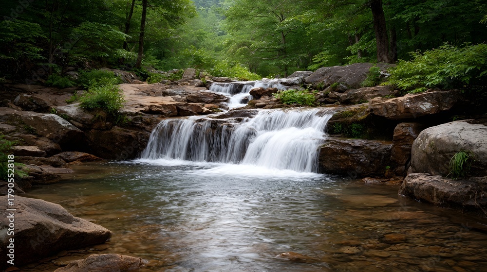 Fototapeta premium A serene waterfall cascades over moss covered rocks in a lush green forest