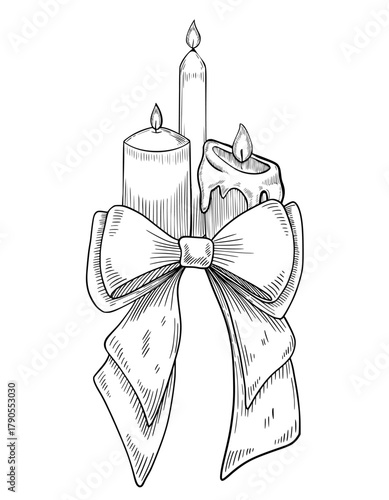 Candles vector illustration with bow and flames in engraving style. Liner drawing of candlelight for Christmas greeting cards or Xmas invitations. Outline etching for New Year design painted by inks.