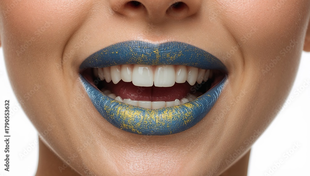 Obraz premium Festival of colors inspired blue and gold lips closeup, vibrant makeup art, smiling woman, holi celebration beauty trend