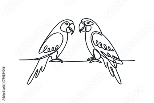 Two Parrots Perched on a Branch Continuous Line Drawing