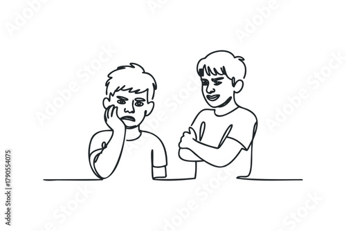 Two boys drawn in simple line art style with one looking sad and the other smirking