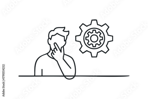 Man with finger on chin contemplating gear mechanism