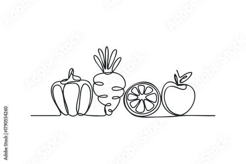 Continuous line drawing of fresh produce items