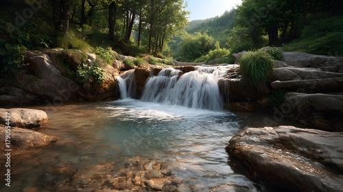 A gentle waterfall cascades over rocks in a verdant forest bathed in soft afternoon light