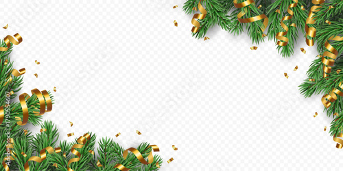 Vector frame with realistic pine tree branches, golden confetti and ribbons isolated on a transparent background. Holiday Christmas tree border garland for winter decoration banner, poster, greeting 