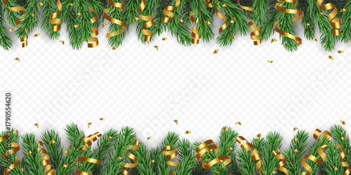 Vector frame with realistic pine tree branches, golden confetti and ribbons isolated on a transparent background. Holiday Christmas tree border garland for winter decoration banner, poster, greeting c