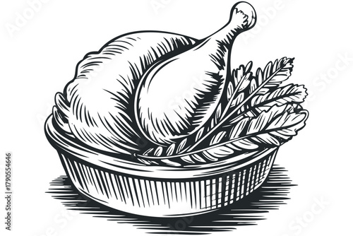 Line drawing of a whole roasted chicken on a platter with garnish