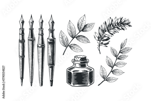 Vintage fountain pens and inkwell with botanical sprigs