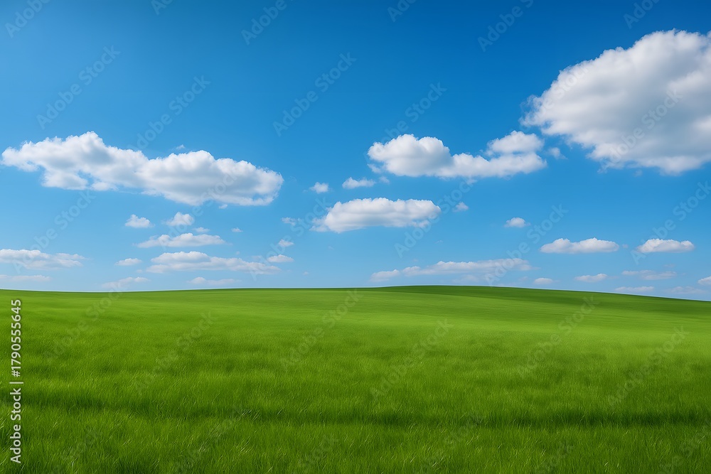 Naklejka premium Wide open grassy field with rolling hills and scattered clouds, evoking peace, nature, and environmental beauty.