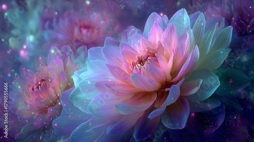 Chic, elegant and delicate background with 3d tender pink blue and purple magic flowers, divine light cosmic 
