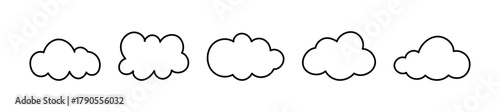 Clouds outline set. Doodle fluffy cloud patterns. Puffy, cumulus simple clouds. Cloudy flat forms in black thin contour. Weather element templates. Cloudscape objects. Hand drawn cute minimal icons.