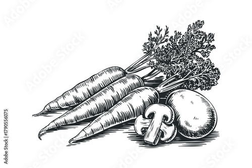 Group of carrots and mushroom sketch
