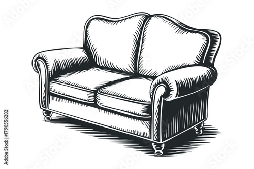 Classic two-seater upholstered sofa with carved legs