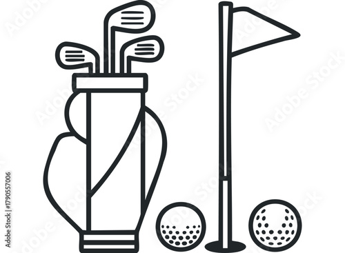 Golf club bag with balls and flag on white background