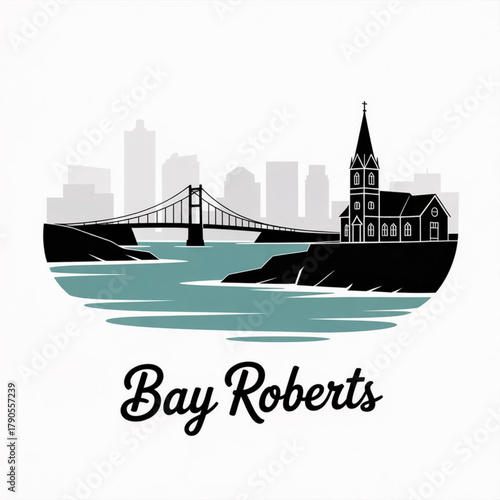 ‎Bay Roberts Newfoundland and Labrador Skyline Silhouette — A Canadian Coastal Harbour Town Vector Illustration